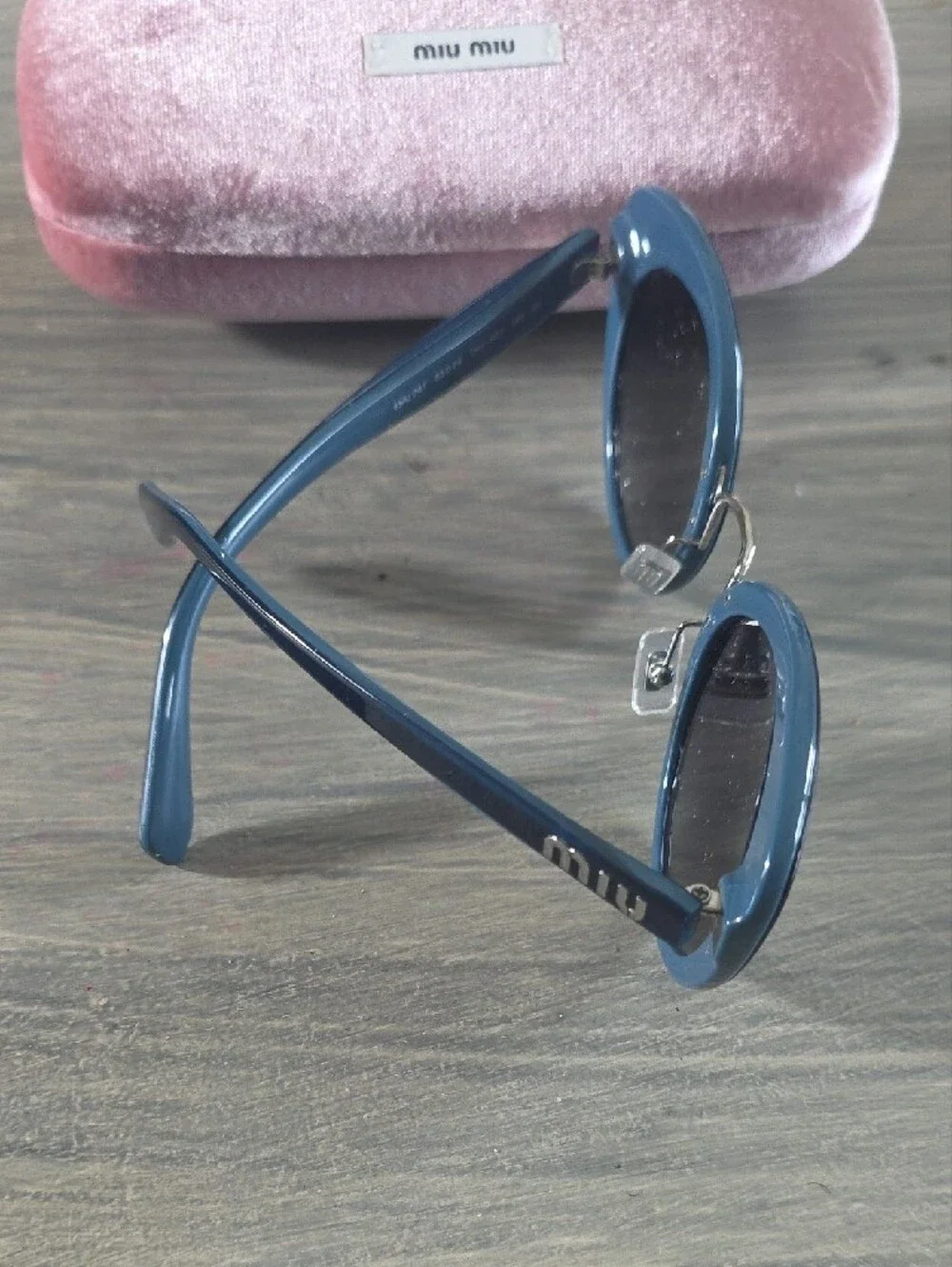 Miu Miu Blue Cat-Eye Sunglasses with Pink Velvet Case